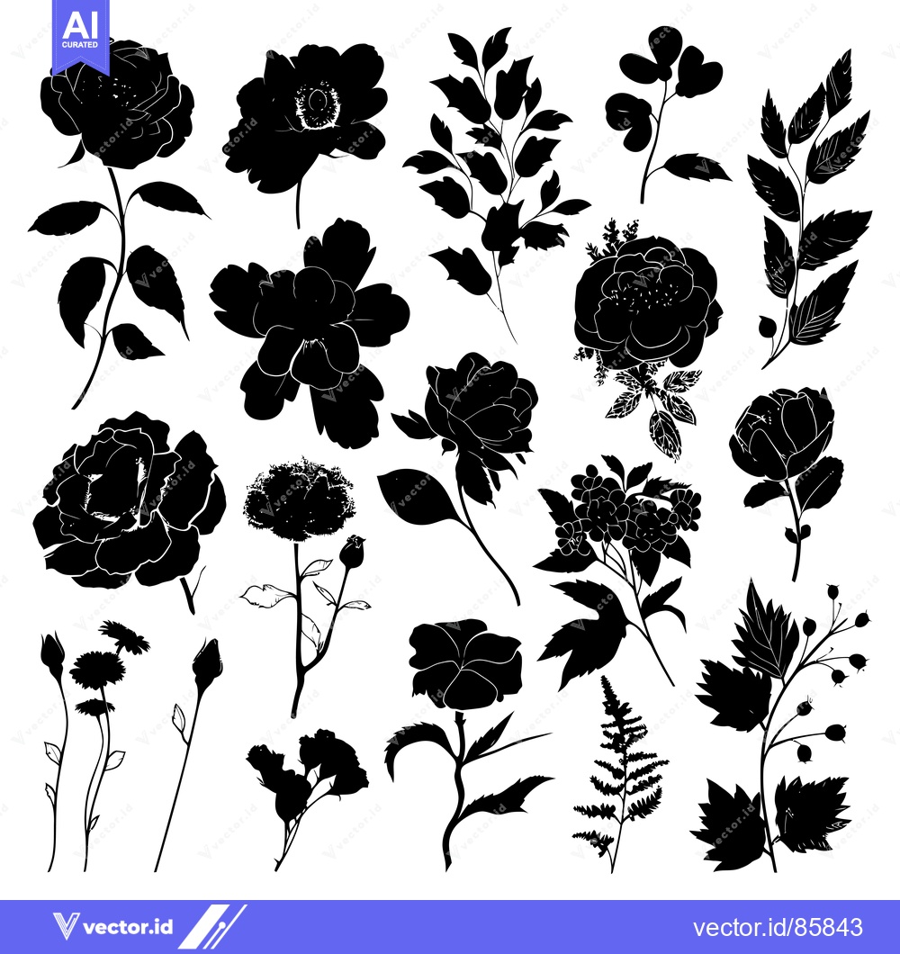 Premium Vector dari Black and White Silhouettes of Various Flowers and Leaves