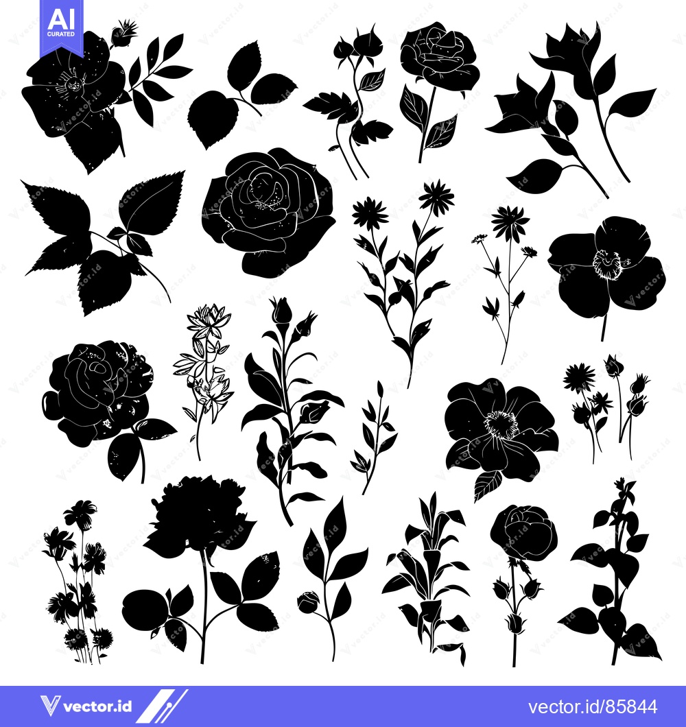 Premium Vector dari Collection of Black Silhouettes of Flowers and Buds