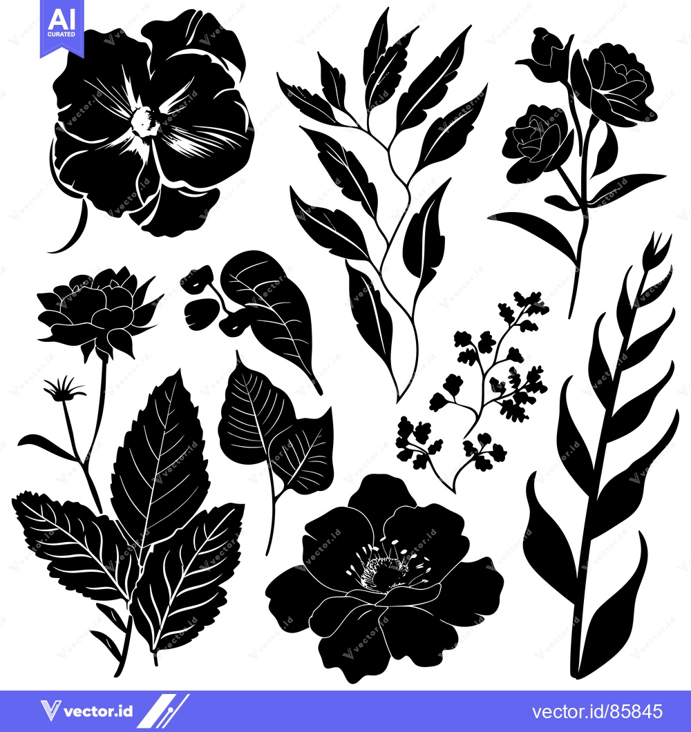 Premium Vector of Black and White Silhouettes of Flowers and Leaves