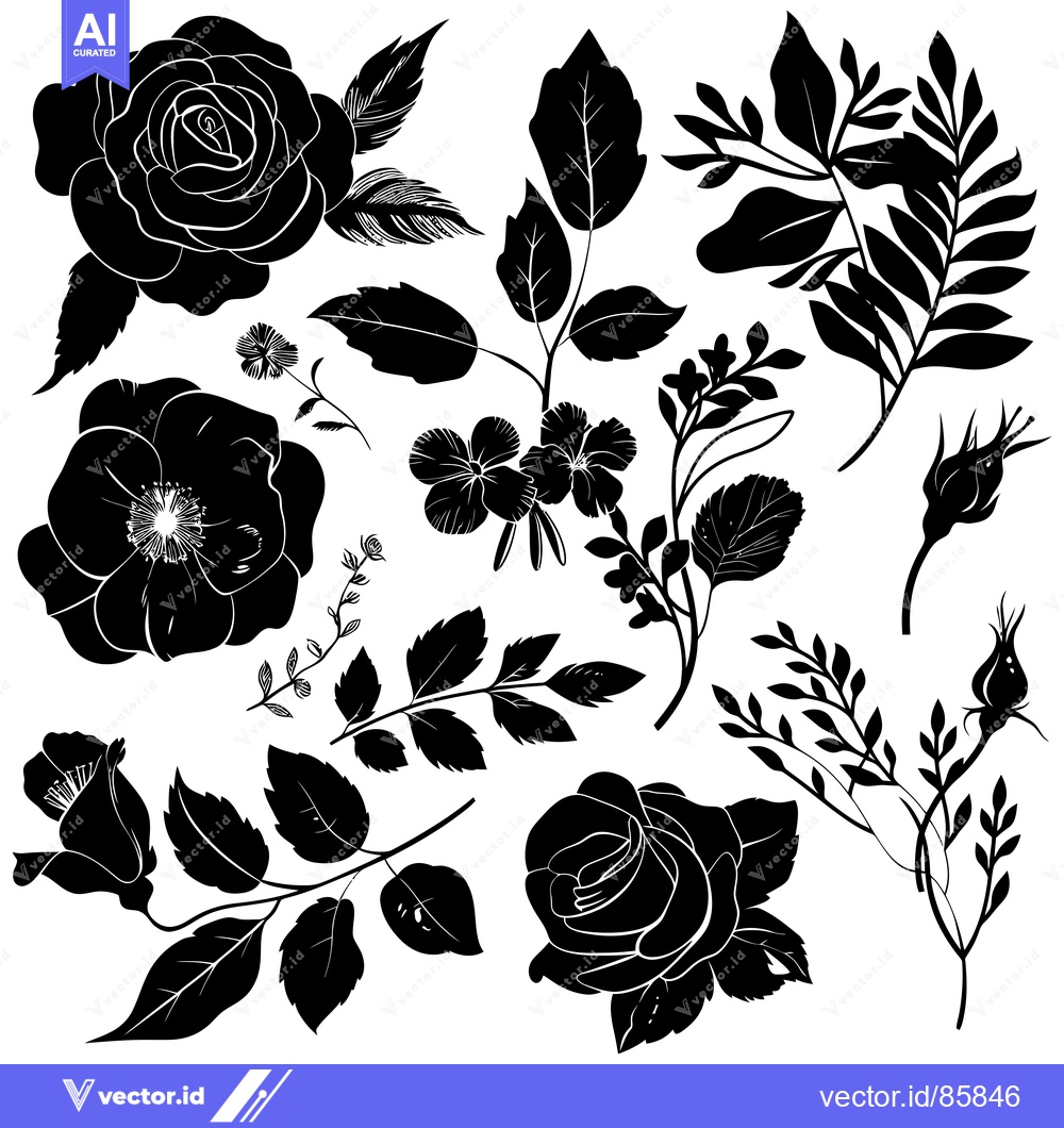 Premium Vector dari A Collection of Black and White Floral Silhouettes