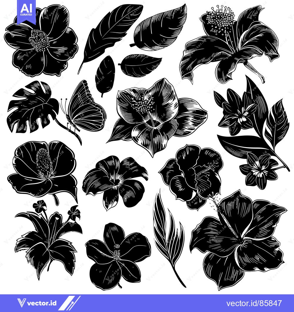 Premium Vector of Black and White Illustration of Tropical Flowers and Leaves