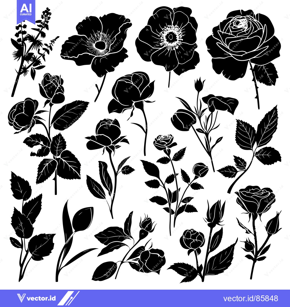 Premium Vector dari Black and White Floral Silhouettes of Roses, Poppies, and Other Flower