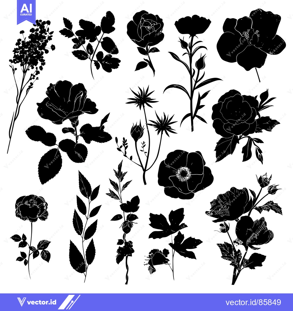Premium Vector dari Black Silhouettes of Various Flowers and Leaves