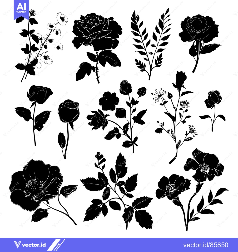 Premium Vector dari A Collection of Black and White Silhouettes of Various Roses and Flowe
