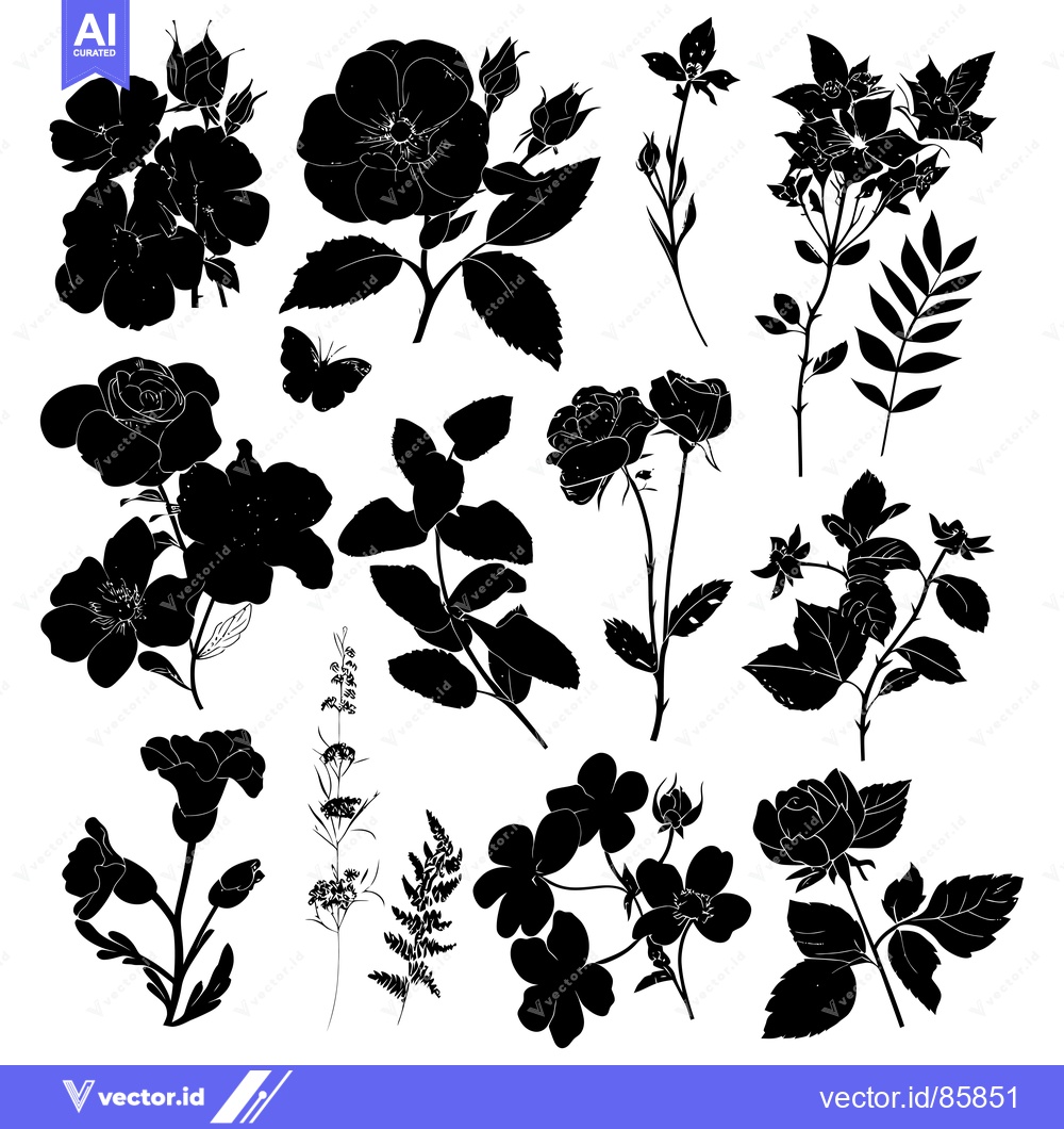 Premium Vector of Black and White Silhouettes of Wild Roses and Botanical Elements