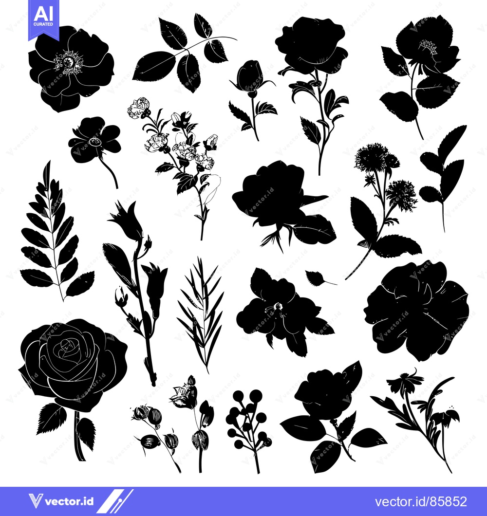 Premium Vector dari Collection of Black Silhouettes of Various Flowers and Leaves