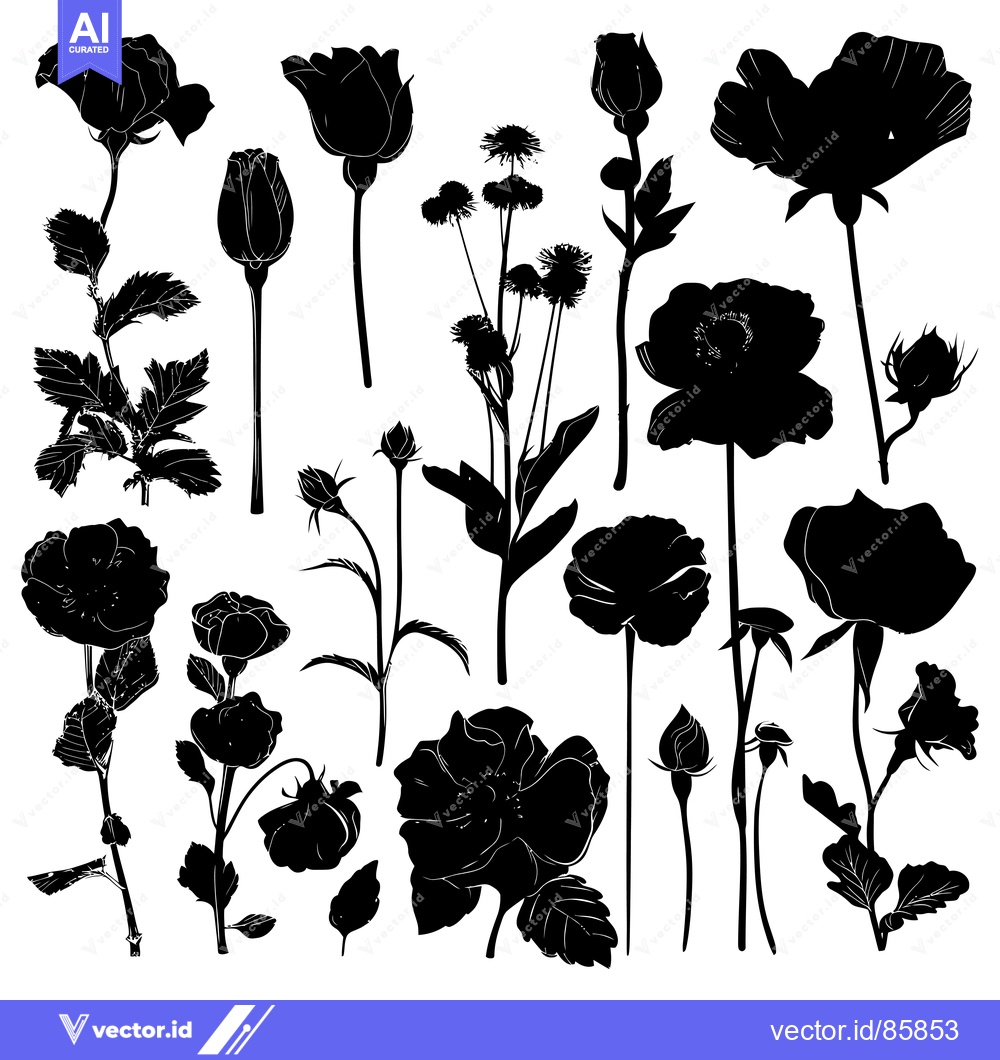 Premium Vector dari Black Silhouettes of Various Flowers and Buds