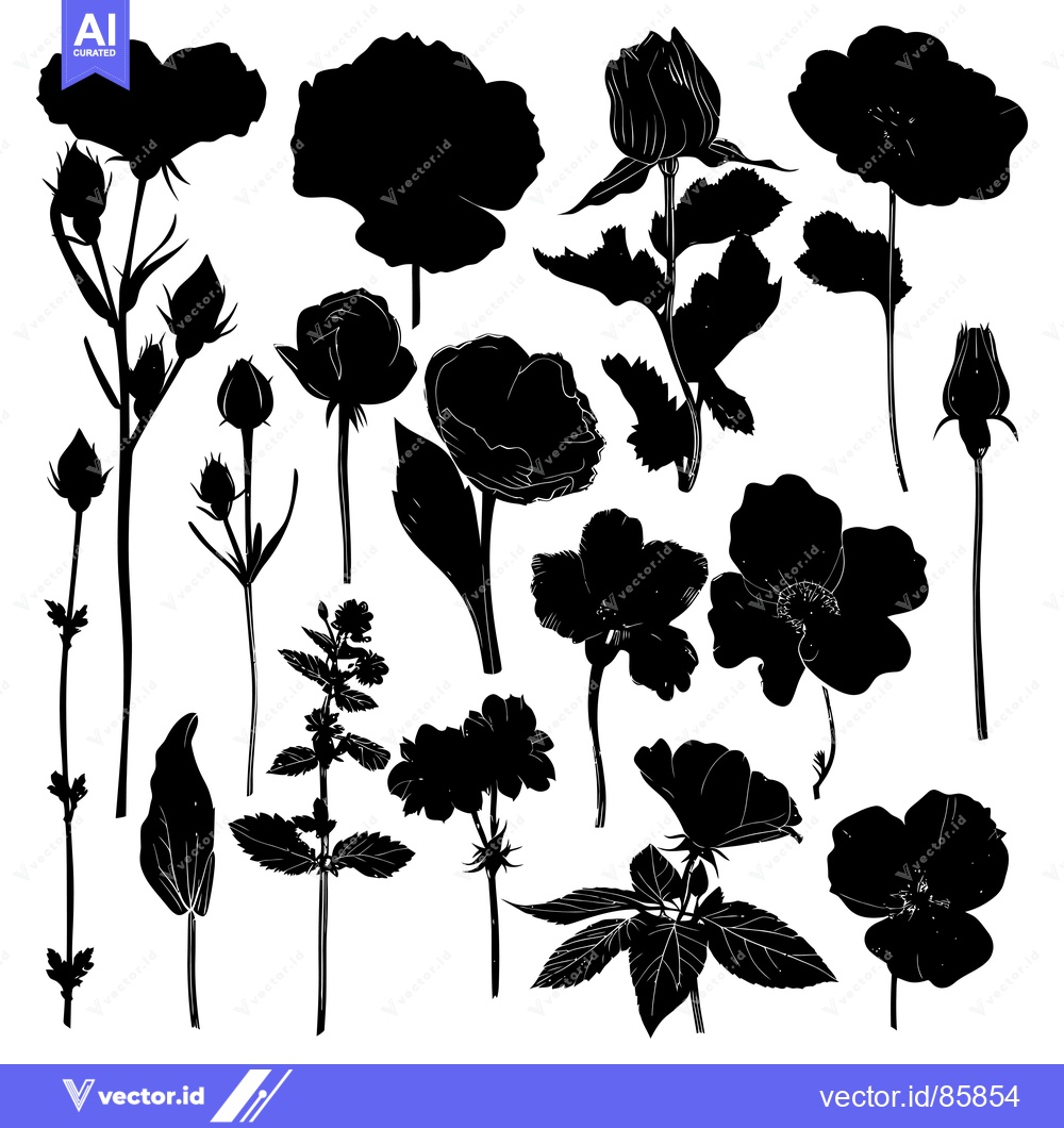 Premium Vector of Black Silhouettes of Various Flowers and Buds