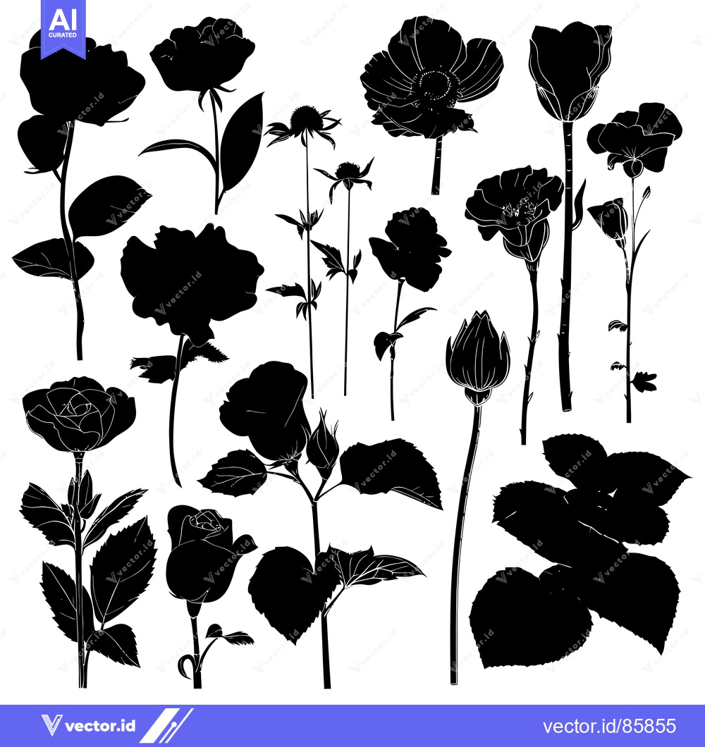 Premium Vector dari A Collection of Black Silhouettes of Various Flowers and Buds