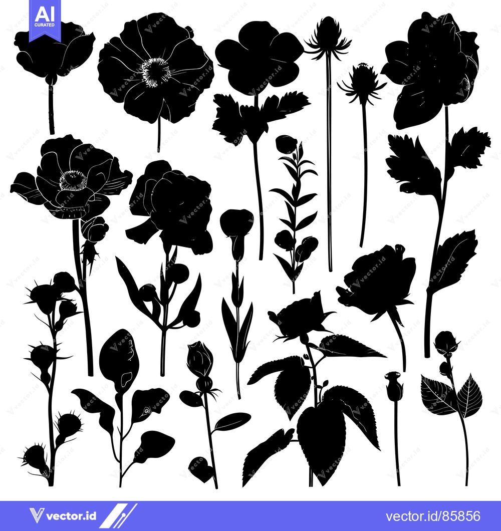 Premium Vector of A Collection of Black Silhouettes of Various Flowers and Buds