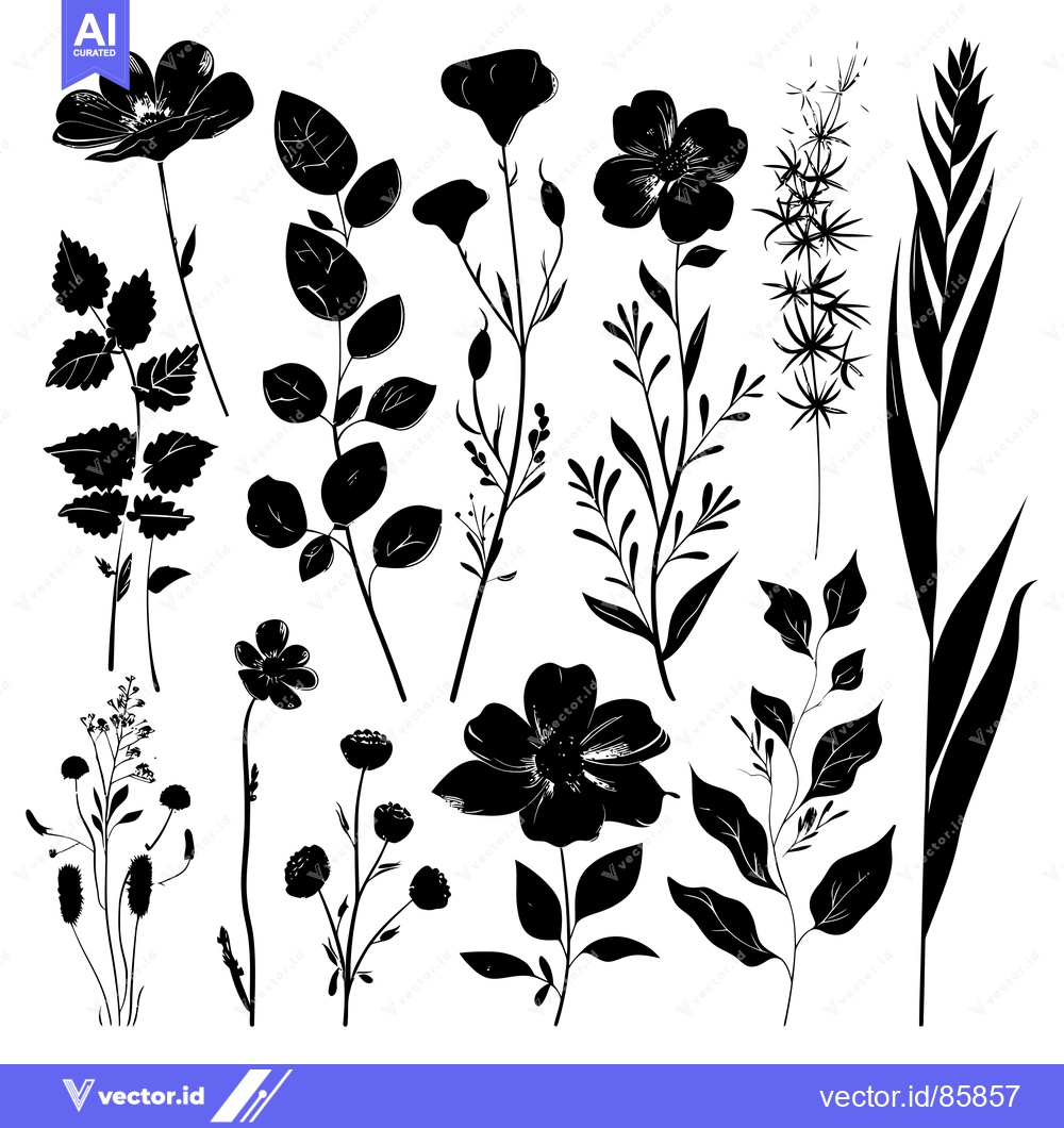 Premium Vector dari Black and White Silhouettes of Various Flowers and Leaves