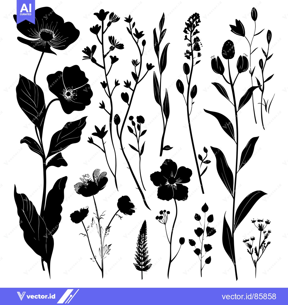 Premium Vector of Black Silhouettes of Various Wildflowers and Foliage