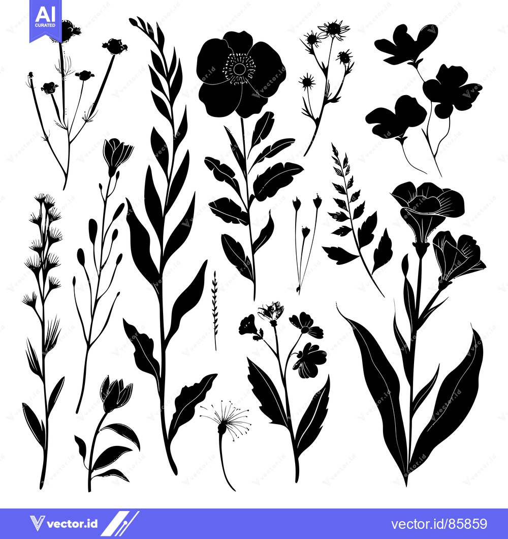 Premium Vector dari A Collection of Black Silhouettes of Various Flowers and Plants