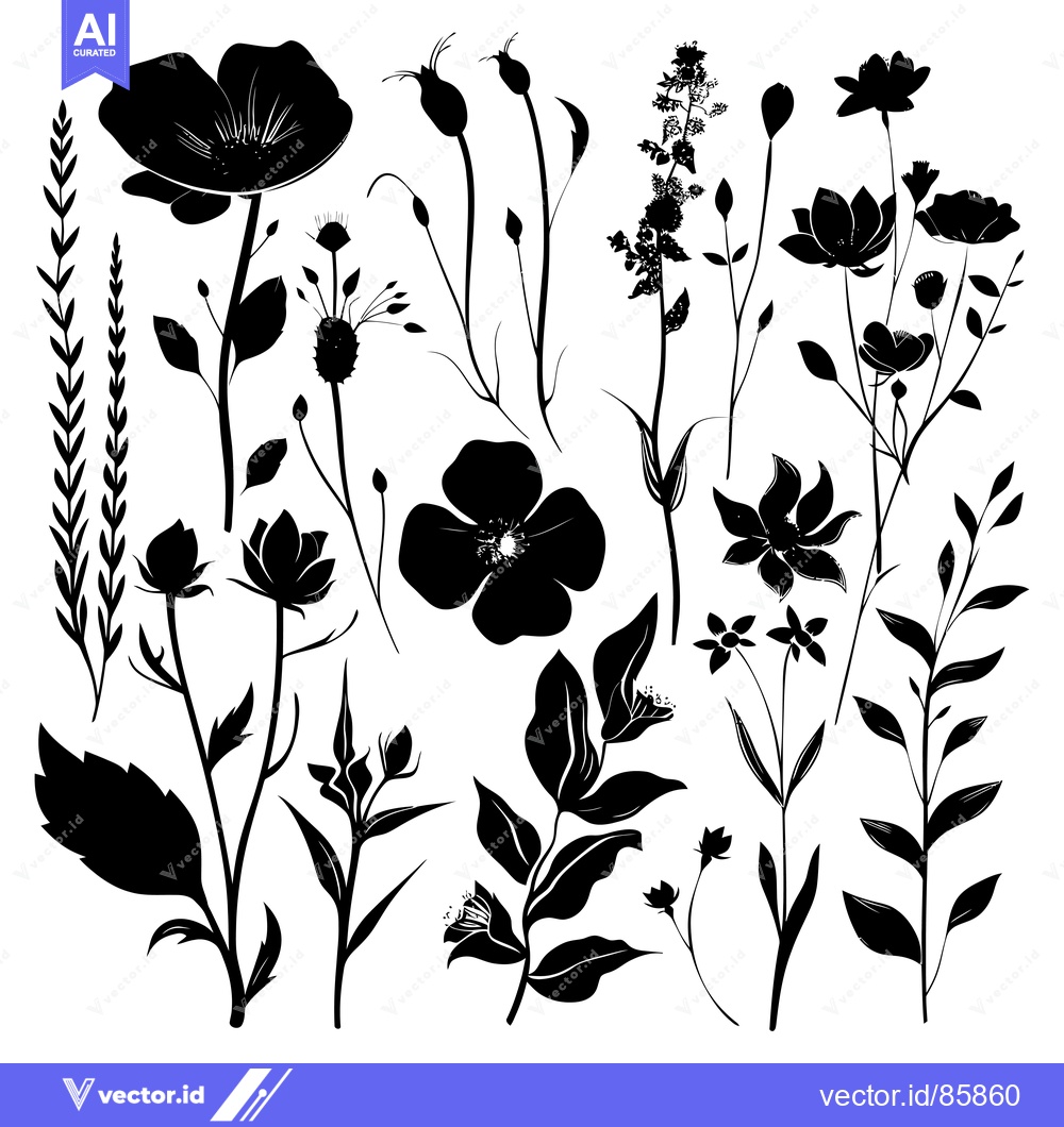 Premium Vector dari Black and White Silhouettes of Various Wildflowers