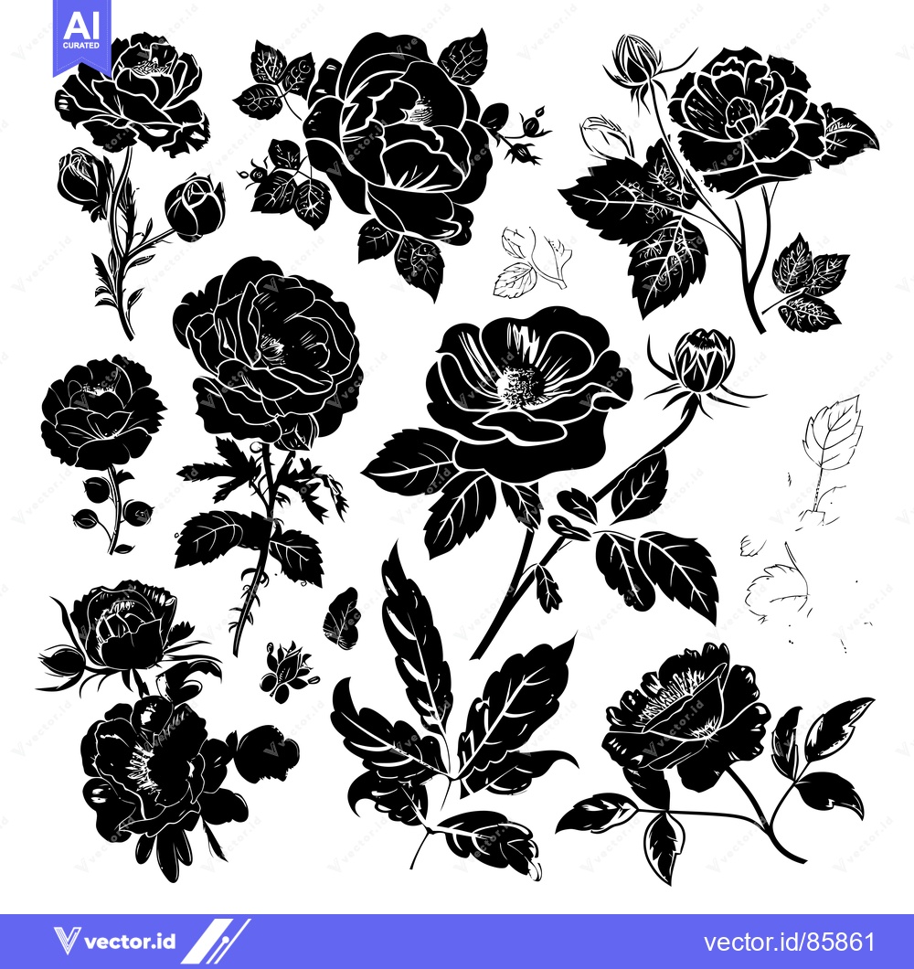 Premium Vector dari Black and White Silhouette Illustration of Roses and Leaves