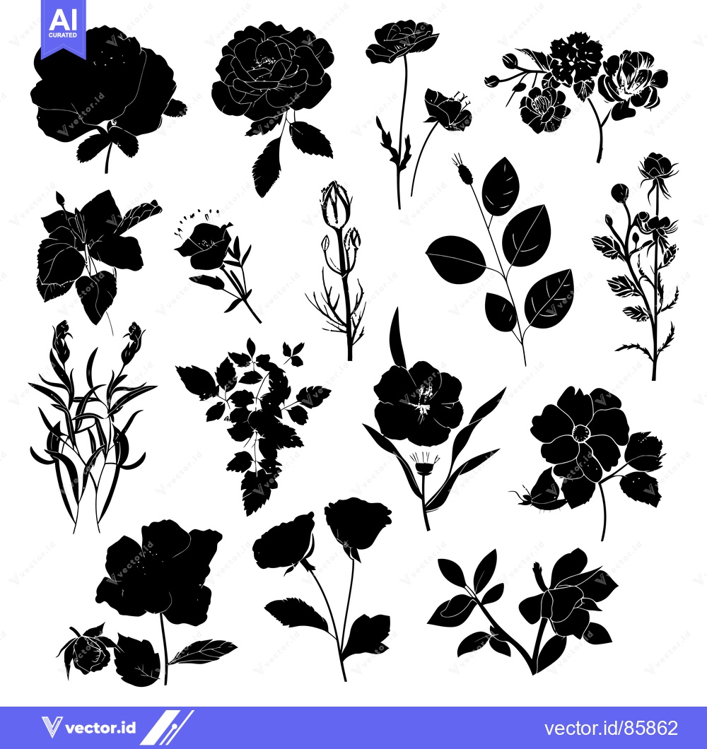 Premium Vector dari A Collection of Black Silhouettes of Roses and Buds