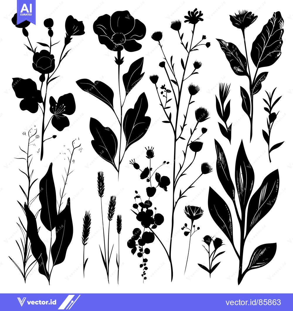 Premium Vector of A Collection of Black Silhouettes of Wildflowers and Plants