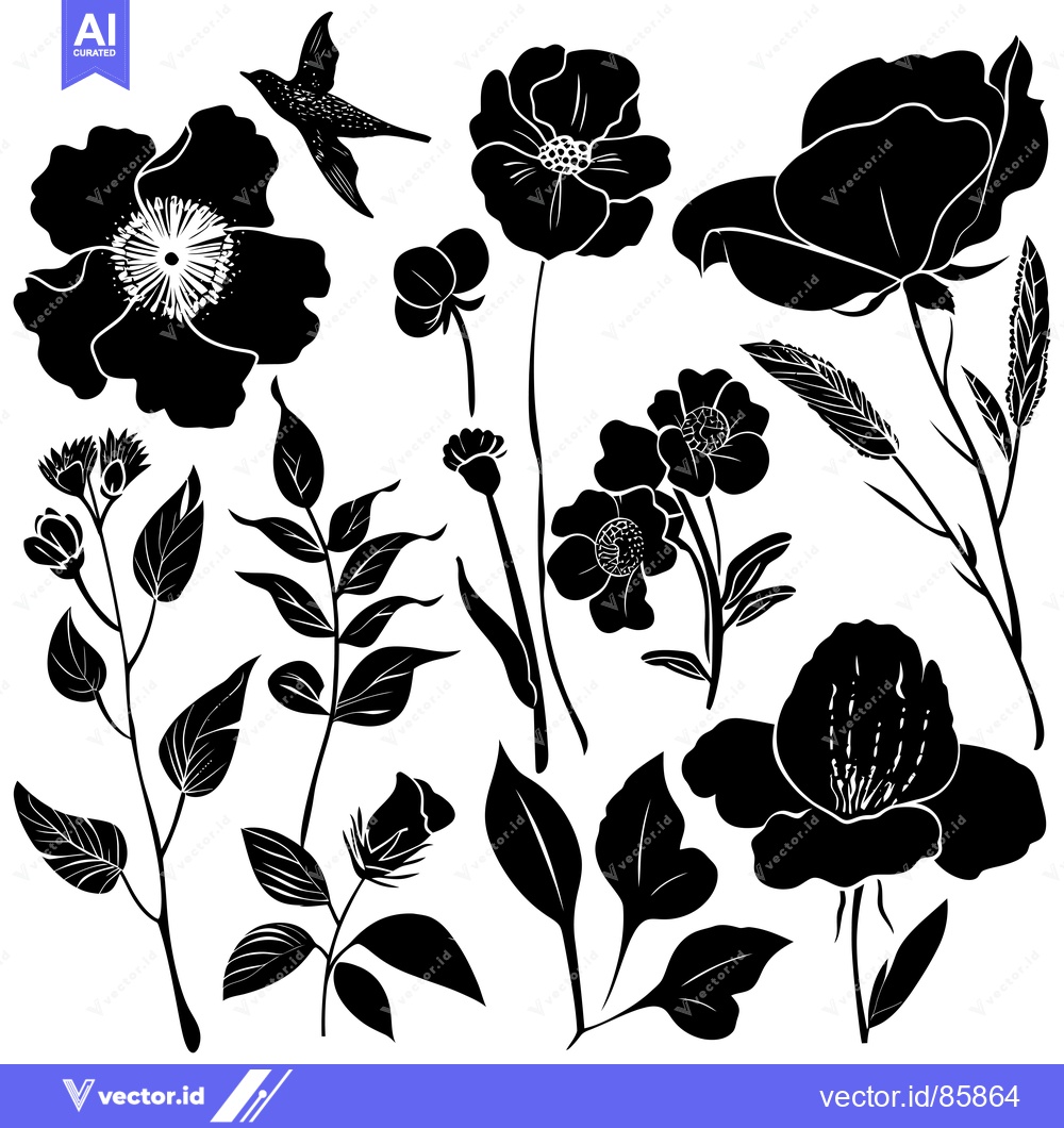 Premium Vector dari Black and White Silhouettes of Flowers, Leaves, and a Bird