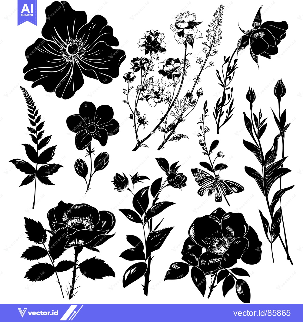 Premium Vector dari Silhouettes of various flowers, buds, and leaves
