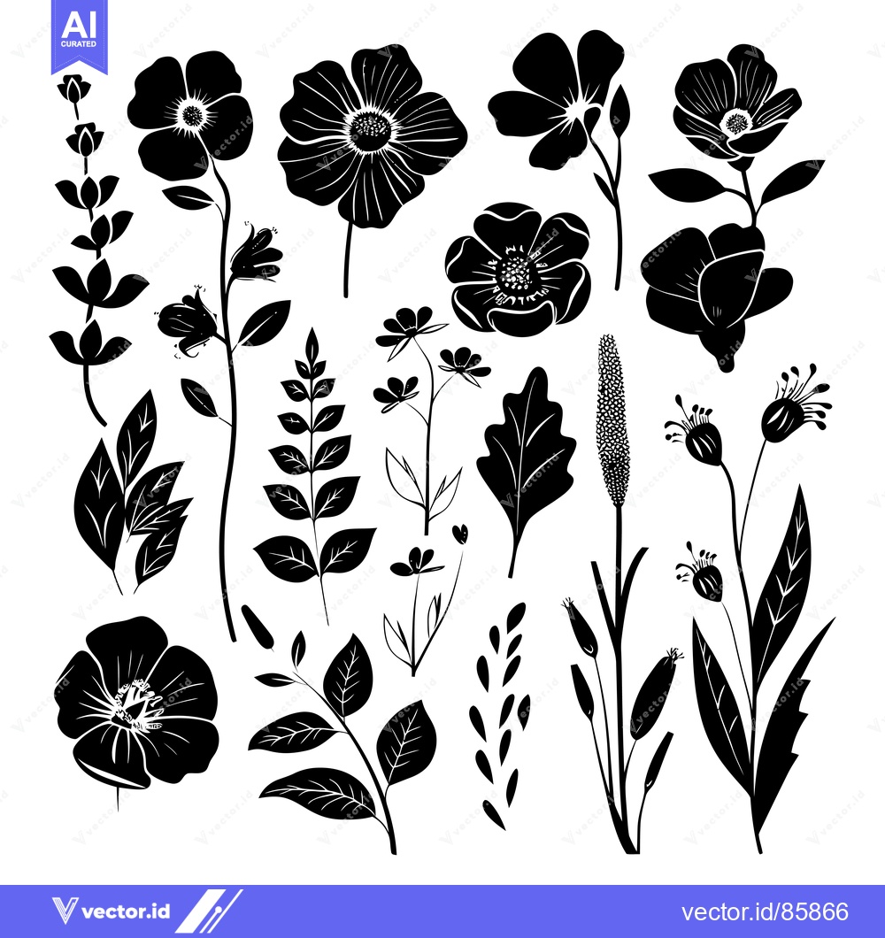 Premium Vector of A Collection of Black Silhouettes of Flowers and Leaves