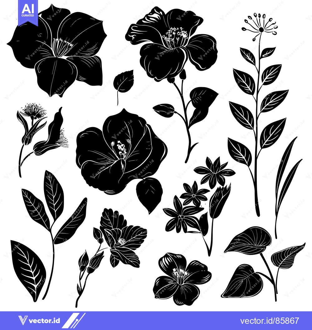 Premium Vector of Black and White Silhouette of Various Flowers and Leaves
