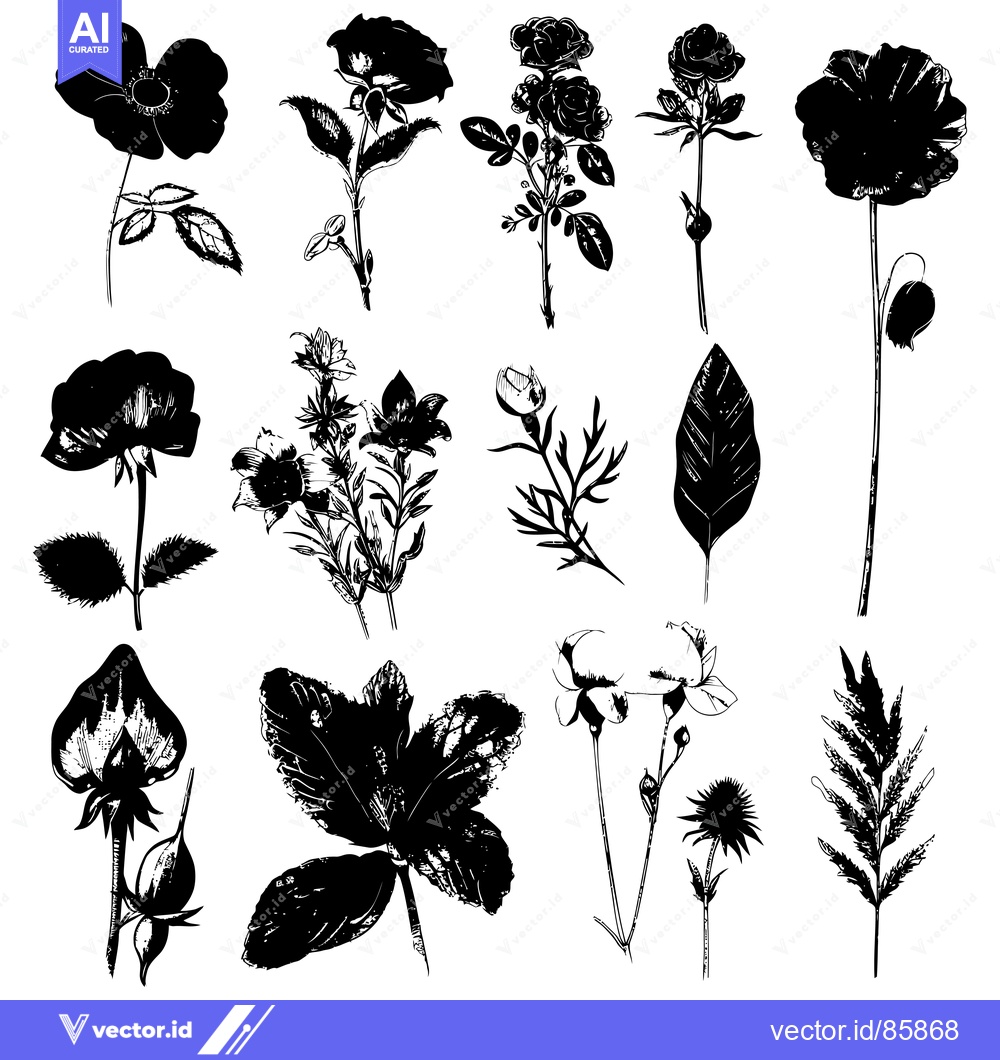 Premium Vector of Black and White Silhouettes of Floral Motifs