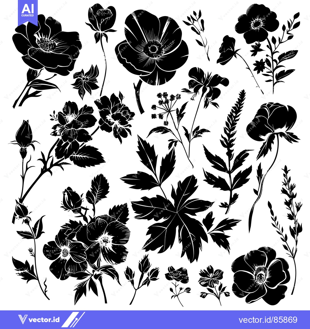 Premium Vector dari Black and White Silhouettes of Various Flowers and Plants