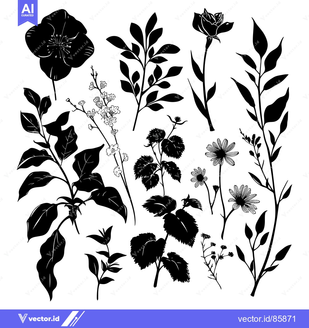 Premium Vector dari Silhouettes of Various Flowers and Foliage