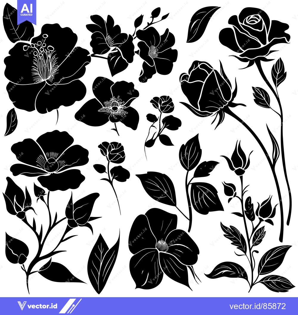 Premium Vector of Black and White Silhouettes of Roses and Other Flowers