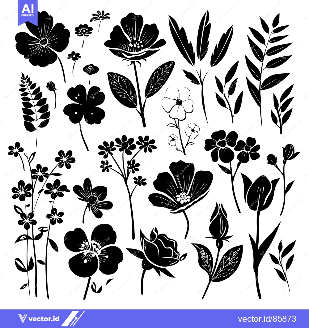 Premium Vector dari A Collection of Black Silhouettes of Flowers and Foliage