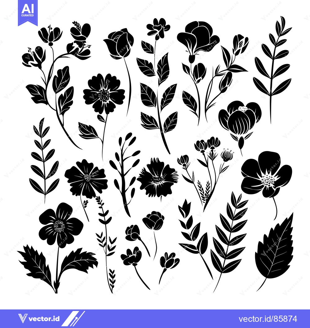 Premium Vector dari A Collection of Black and White Floral Silhouettes