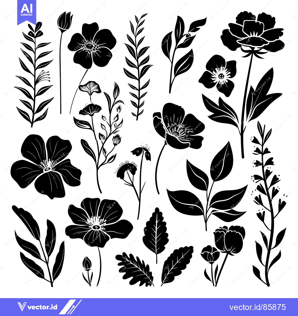 Premium Vector of Black and White Silhouettes of Various Flowers and Foliage