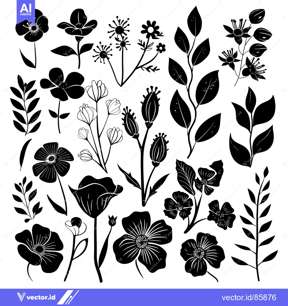 Premium Vector of Black and White Floral Illustrations with Leaves and Buds