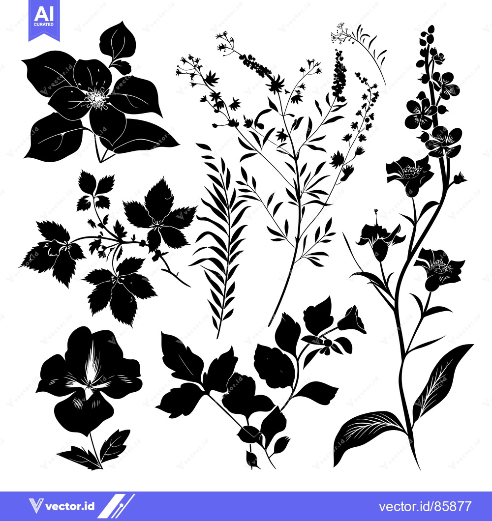Premium Vector of Black and White Floral Silhouettes on White Background