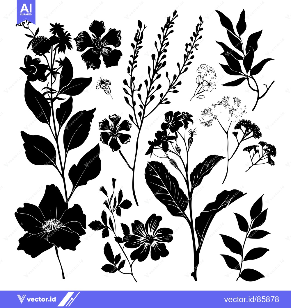 Premium Vector dari Silhouettes of Various Black and White Flowers and Leaves