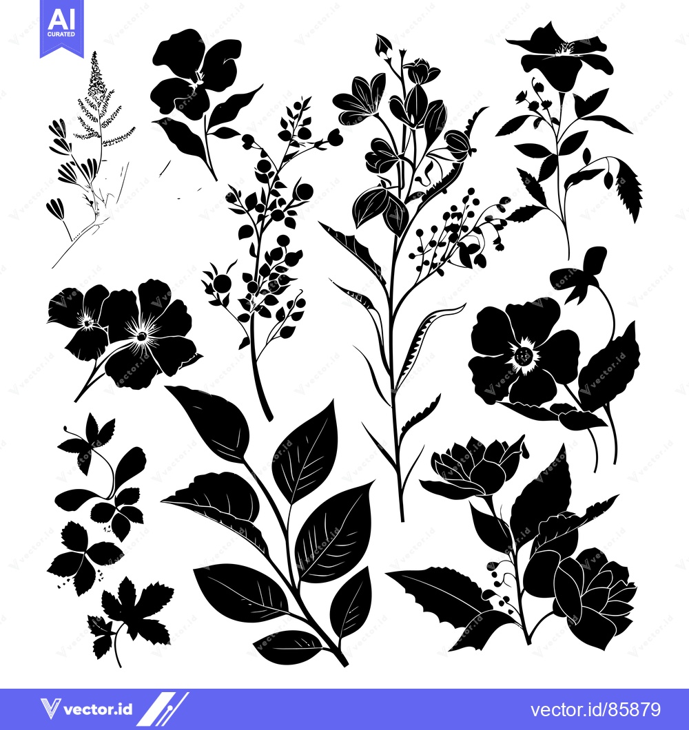 Premium Vector dari Black and White Floral Silhouettes with Delicate Stems and Leaves