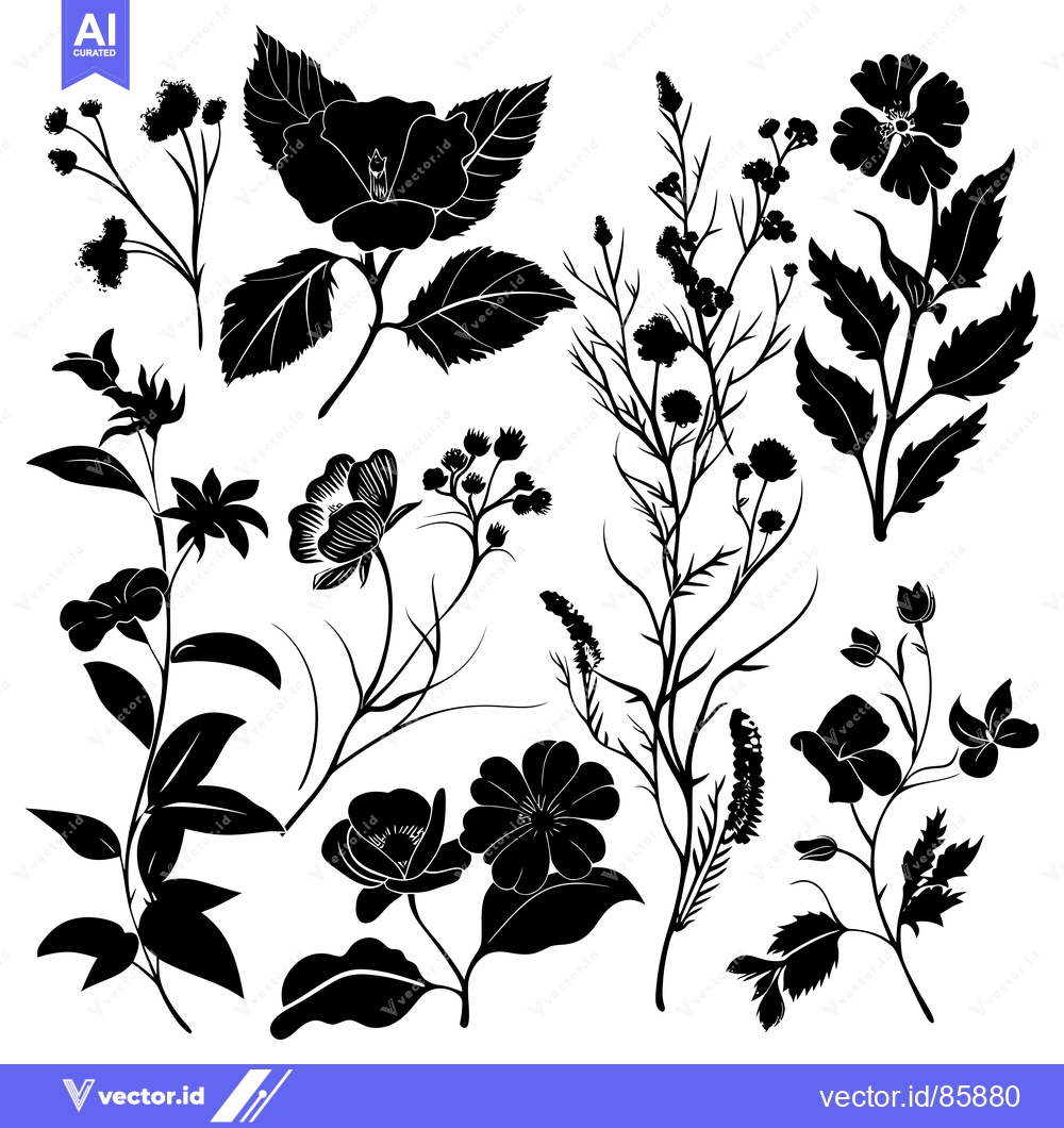 Premium Vector of A Collection of Black Silhouettes of Flowers and Foliage