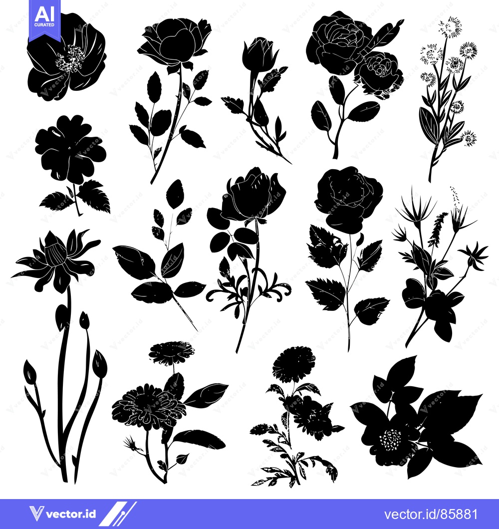 Premium Vector dari Black and White Silhouettes of Various Flowers and Plants