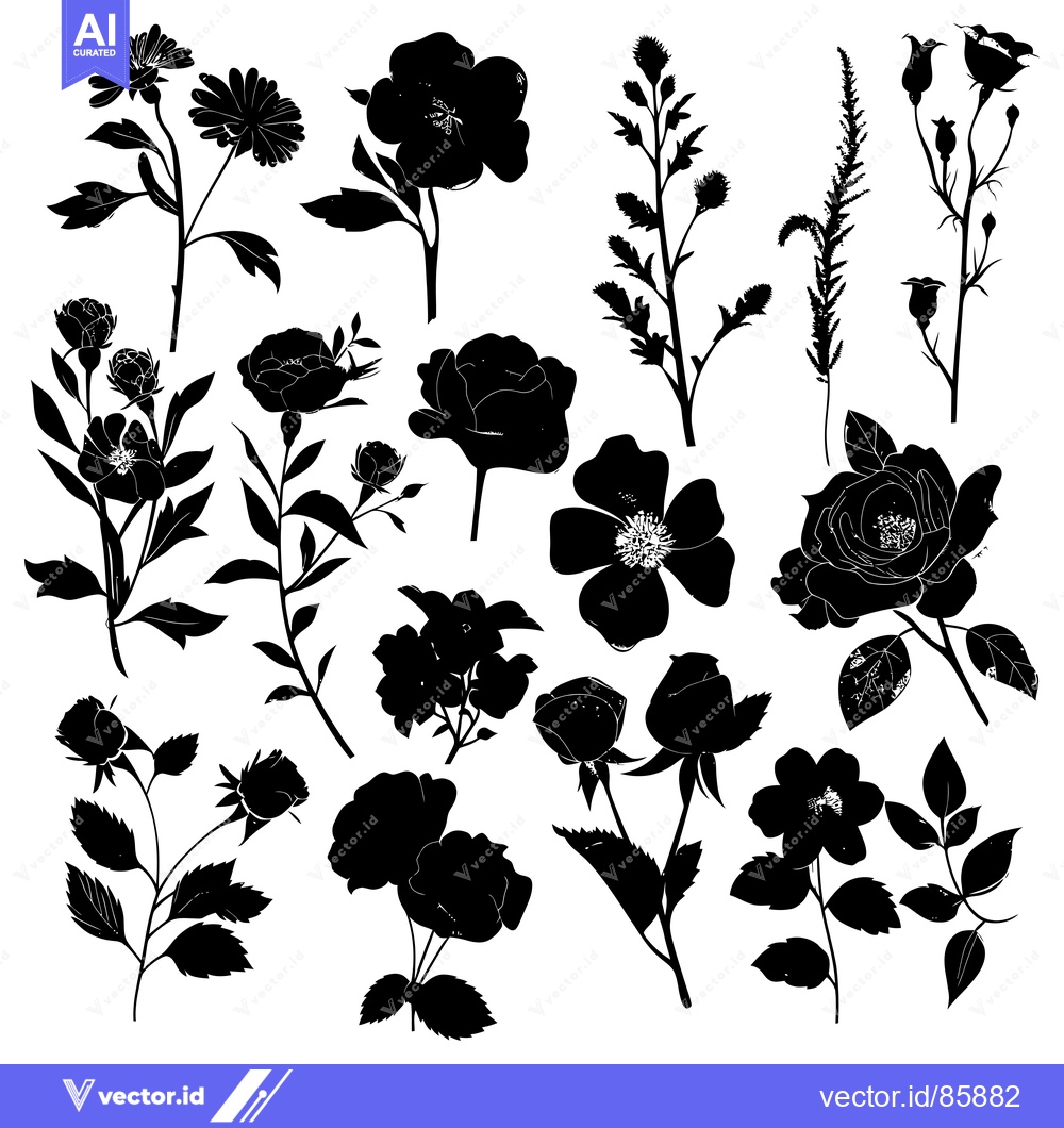 Premium Vector dari Silhouettes of Various Flowers and Foliage