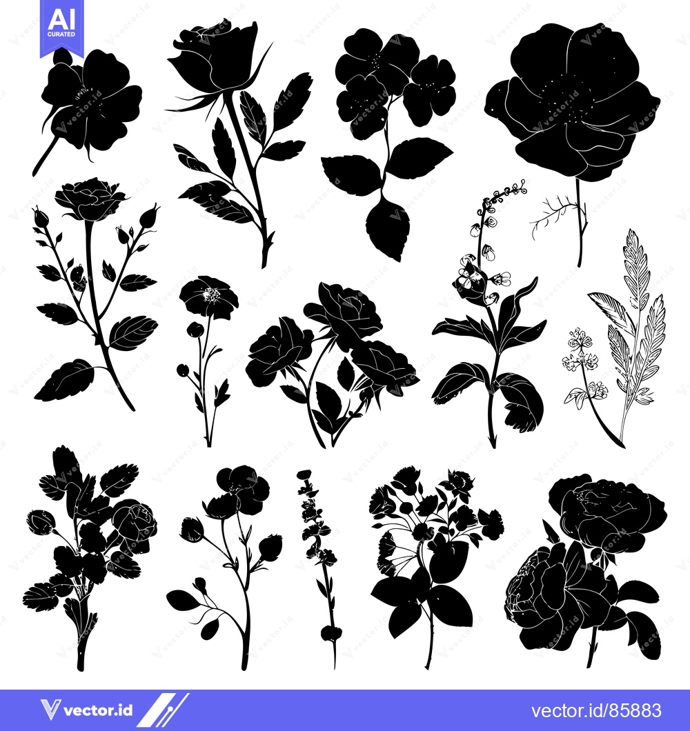 Premium Vector of Black Silhouettes of Various Flower Buds and Blooms