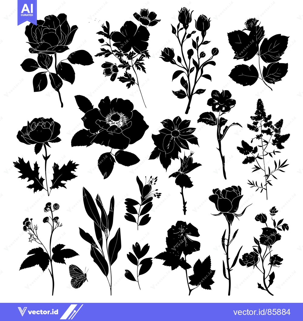 Premium Vector of Black and White Silhouettes of Various Flowers and Plants