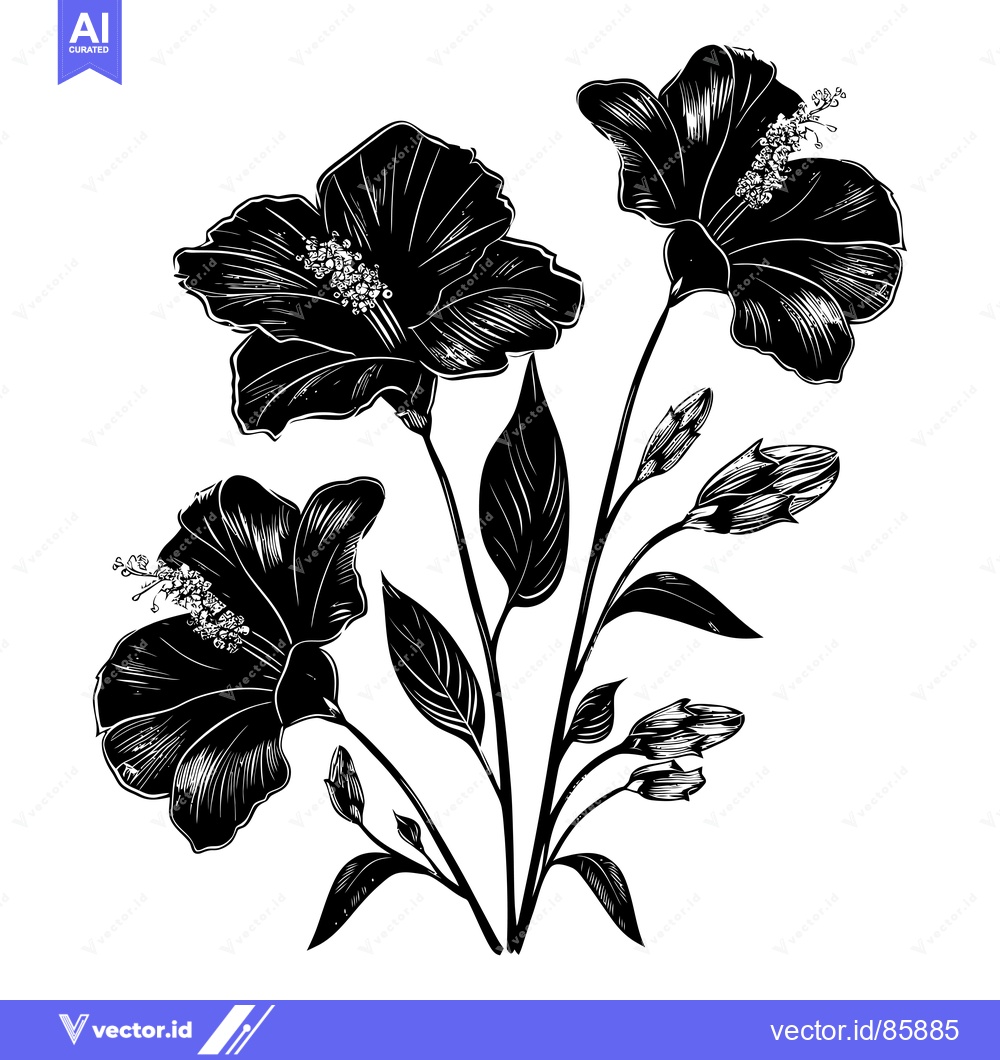 Premium Vector dari Black and White Illustration of a Hibiscus Flower Bouquet