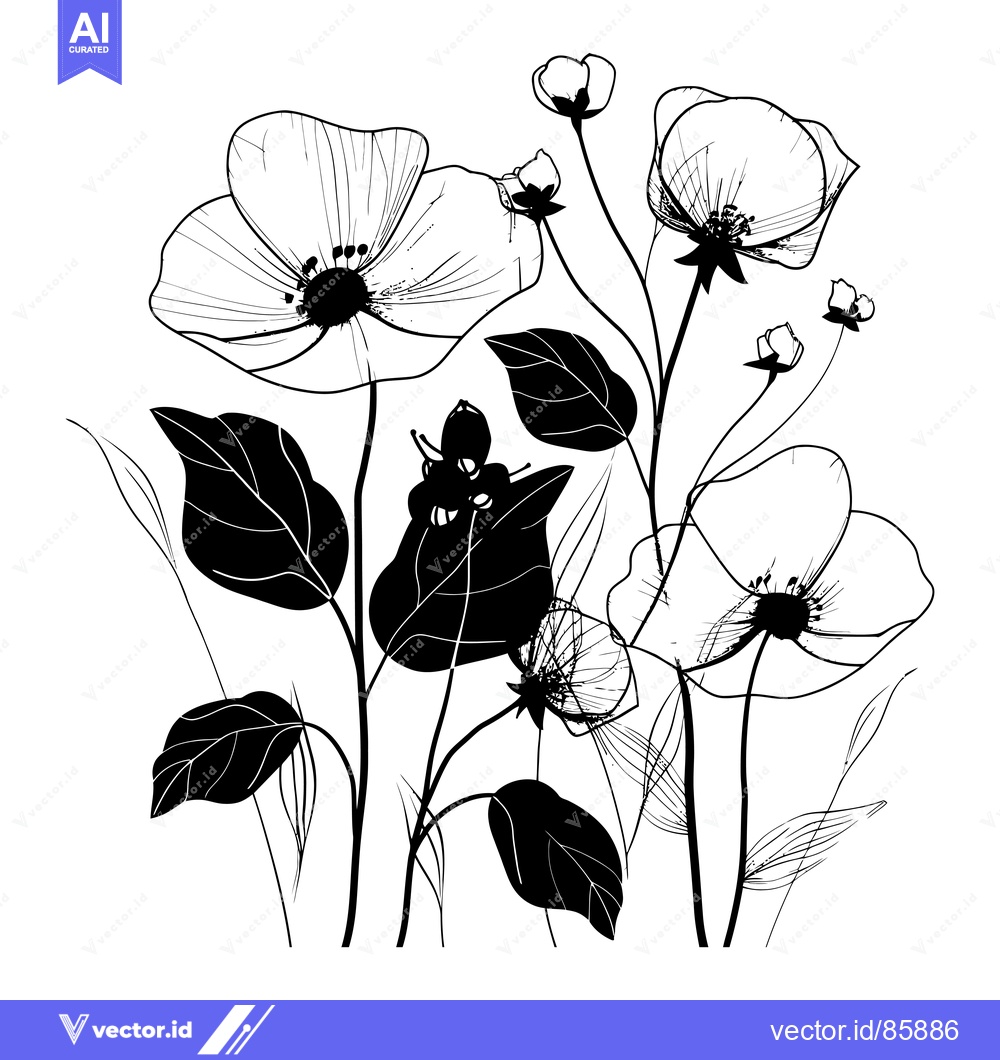 Premium Vector of Black and White Line Drawing of Flowers with Detailed Leaves
