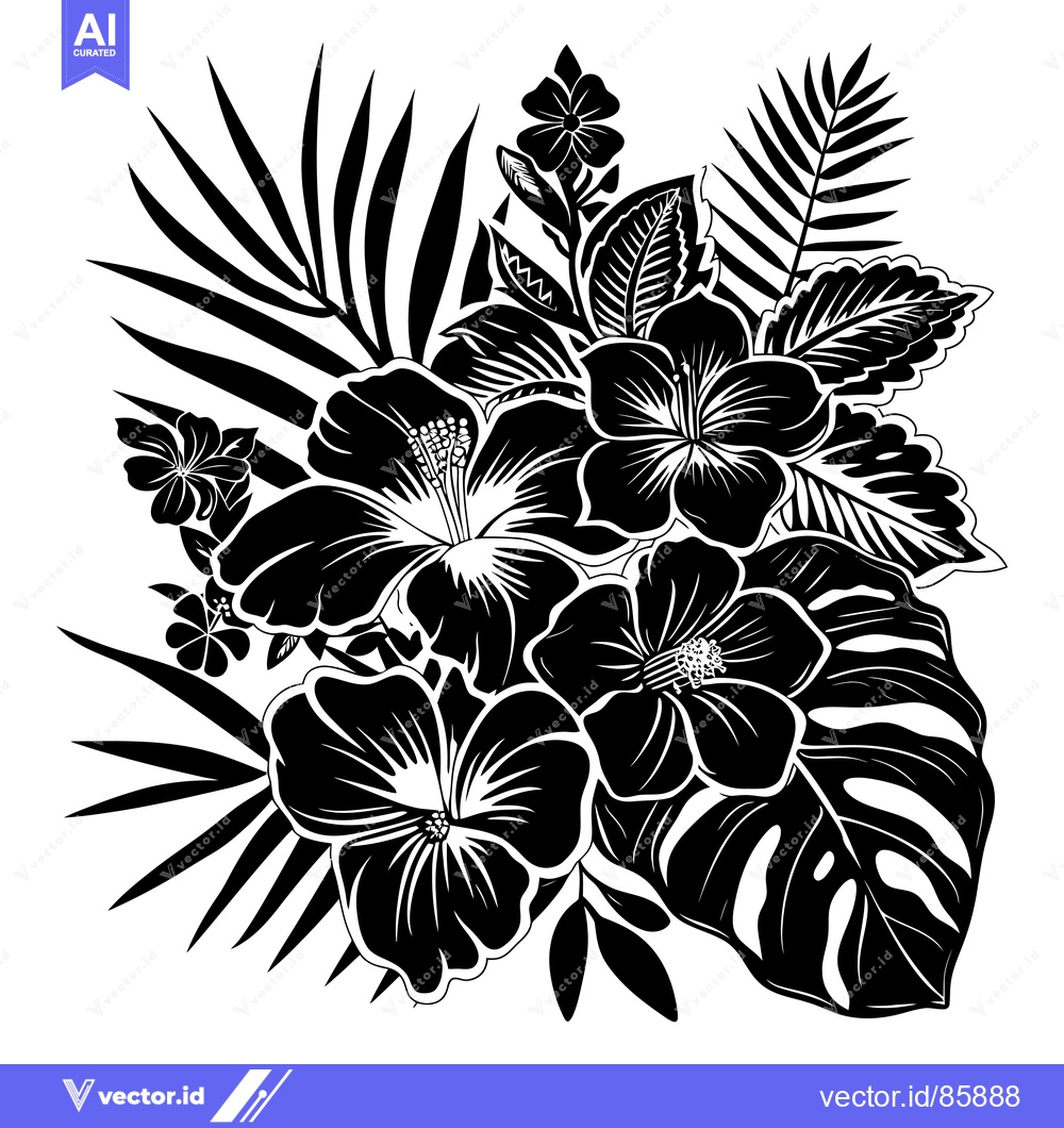 Premium Vector dari Black and White Floral Arrangement with Hibiscus and Tropical Leaves