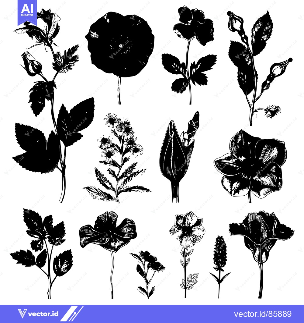 Premium Vector dari Black and White Silhouettes of Various Flowers and Foliage