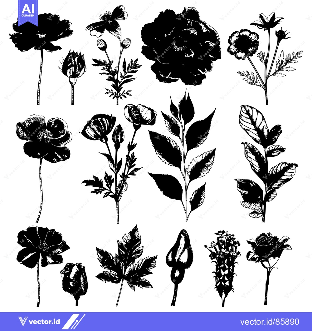 Premium Vector dari Black and White Silhouettes of Various Flowers and Leaves