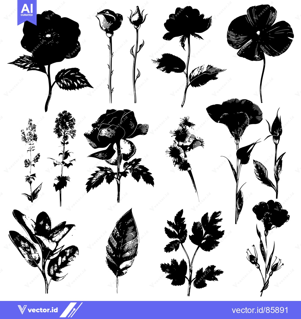 Premium Vector dari Black and White Silhouettes of Various Flowers and Leaves