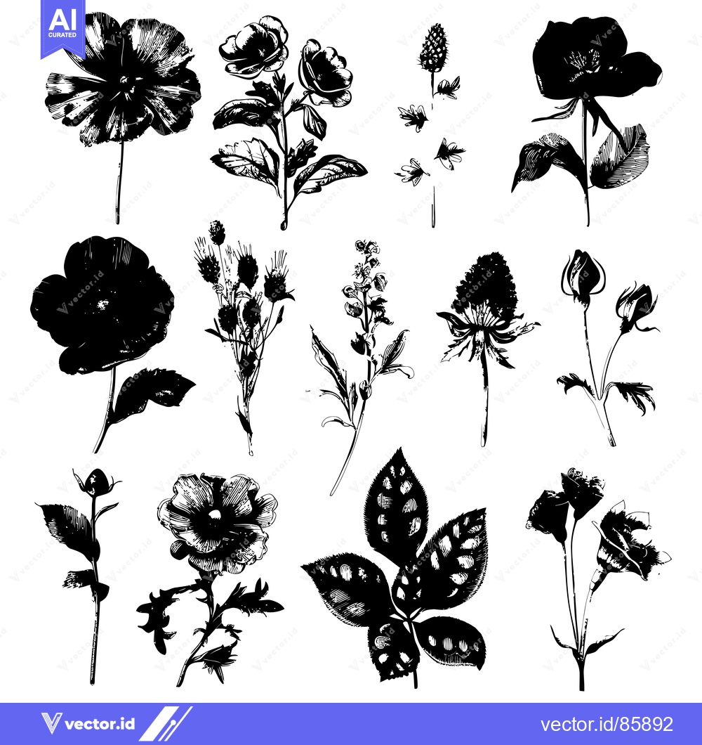 Premium Vector of Black and White Silhouettes of Various Flowers and Foliage