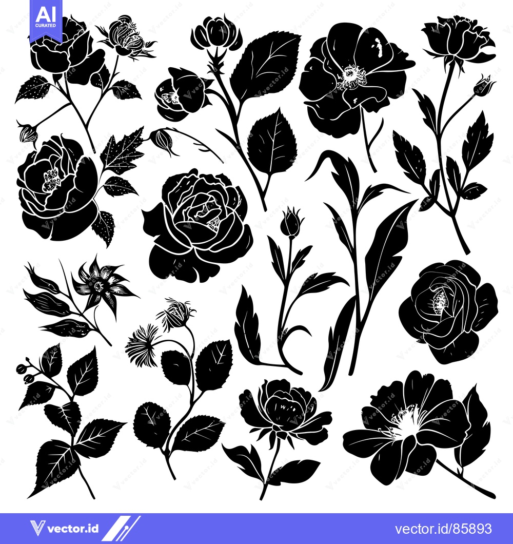 Premium Vector dari Black and White Silhouettes of Roses, Buds, and Leaves