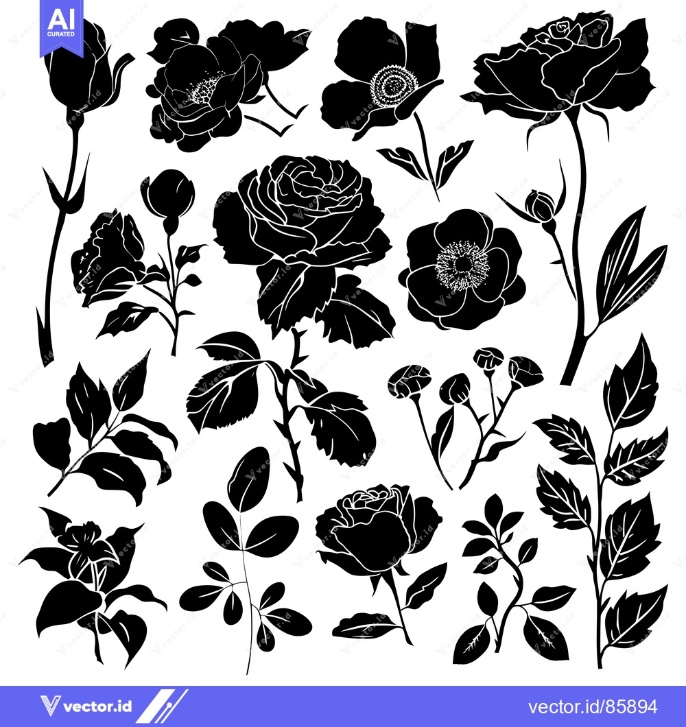 Premium Vector of Collection of Black Silhouettes of Roses and Leaves